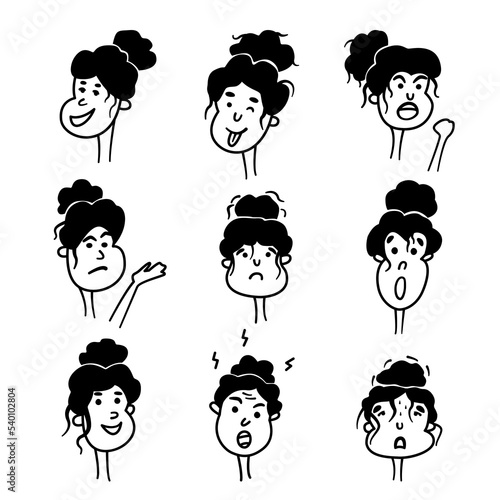 Set of cartoon female faces with different emotions. Funny women's heads. Collection of cliparts for sticker design, animation and video comics. Feelings of joy, sadness, anger, anxiety, surprise.