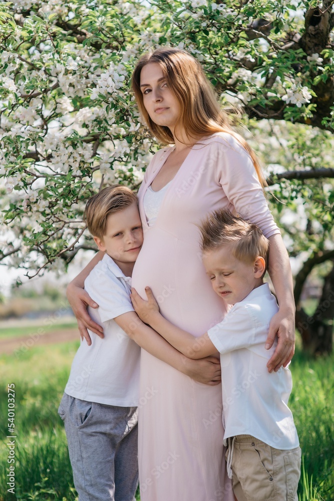 pregnant mother with two sons cheerful walk in the apple orchard on a sunny spring day. High quality photo