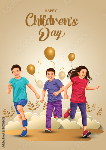 happy children's day group of kids running off-white background. abstract vector illustration photo
