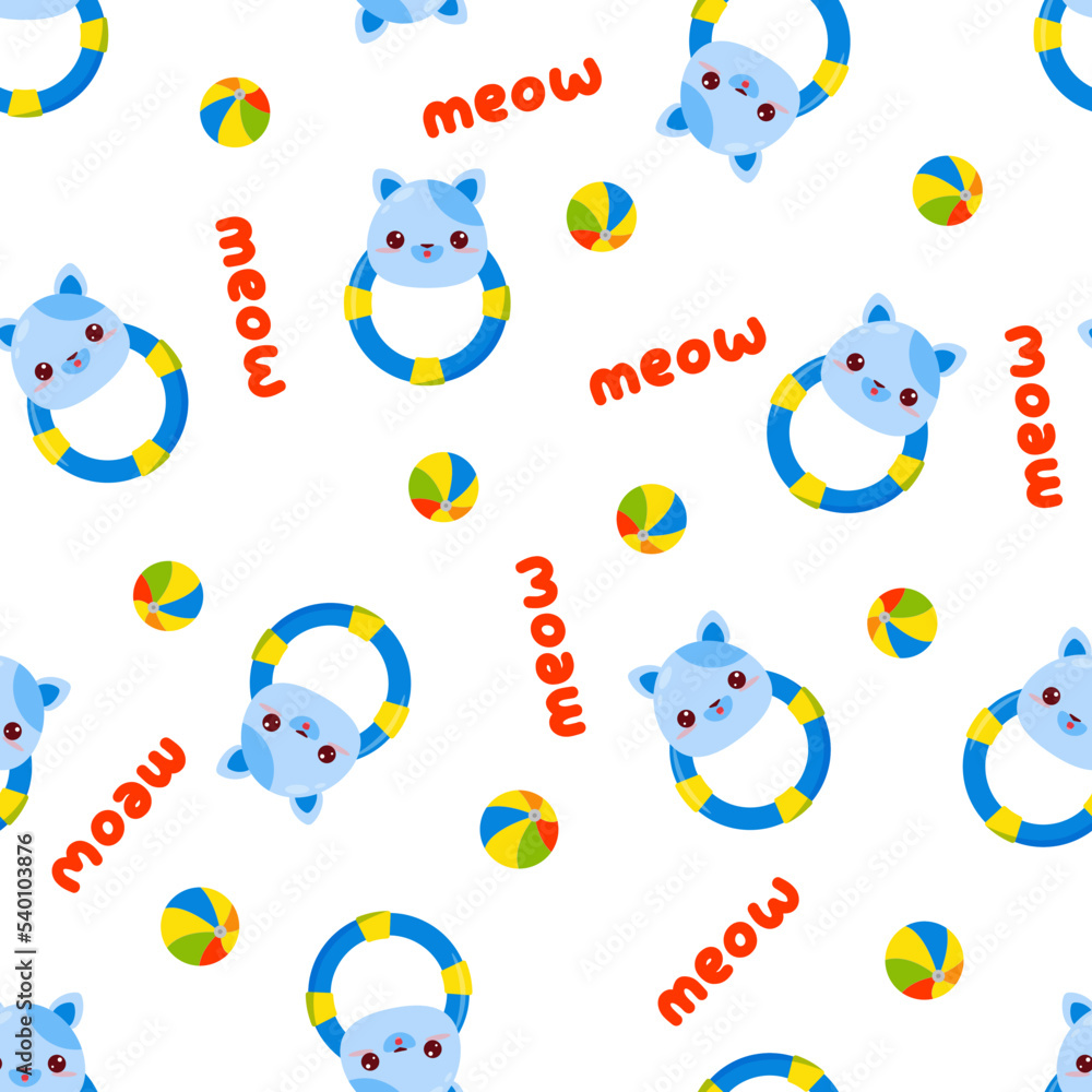 Seamless pattern with animals on a white background. A pattern with a baby rattle in the form of a cat. Kawaii animals.