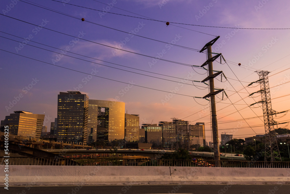 Modern Office Buildings and Electricity Cables in Sao Paulo City