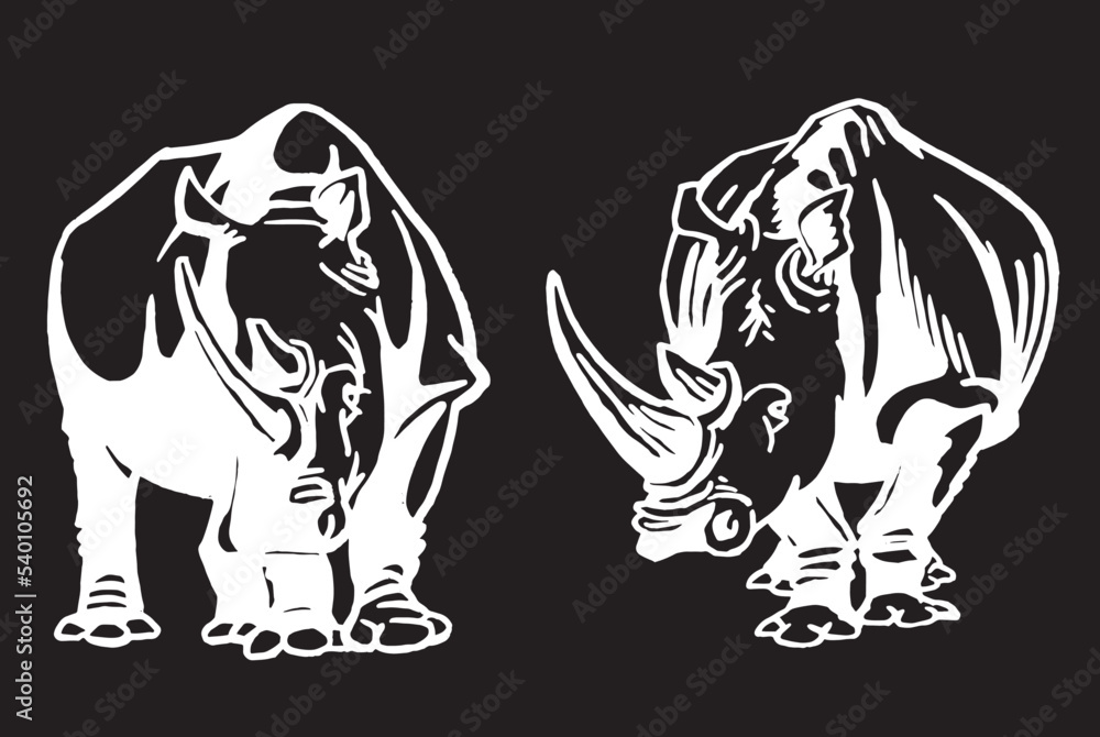 Vector set of rhinoceroses on black isolated,graphical drawing. Stylish print elements, savanna habitant Vector set of rhinoceroses on black isolated,graphical drawing. Stylish print elements, savanna habitant