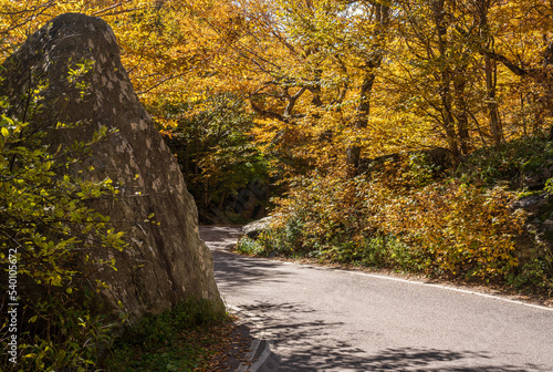 Narrow bend between boulders in Smugglers Notch in the fall