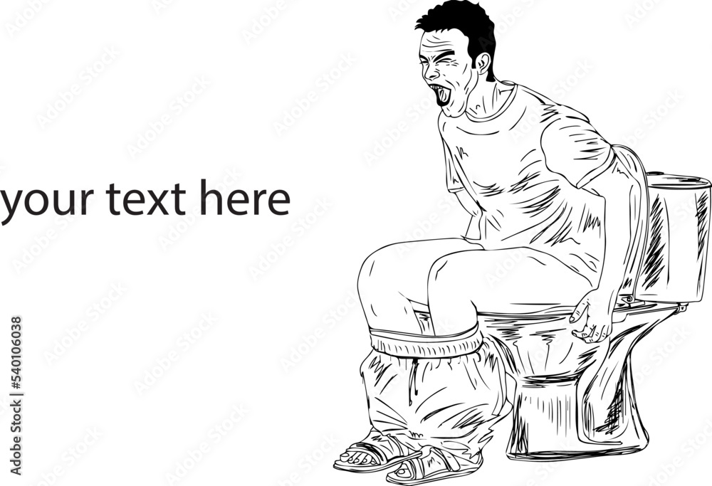 Piles Patient sitting on toilet seat outline vector illustration, man