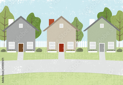 A cookie cutter neighborhood of houses, in a cut paper style with textures
