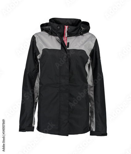 Black zip-up raincoat with gray inserts. Isolated image on a white background. Nobody. Front view. 