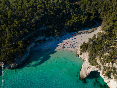 aerial drone views of a beach on the Menorcan coast surrounded by impressive vegetation, where you can see people enjoying a summer day. © ruben