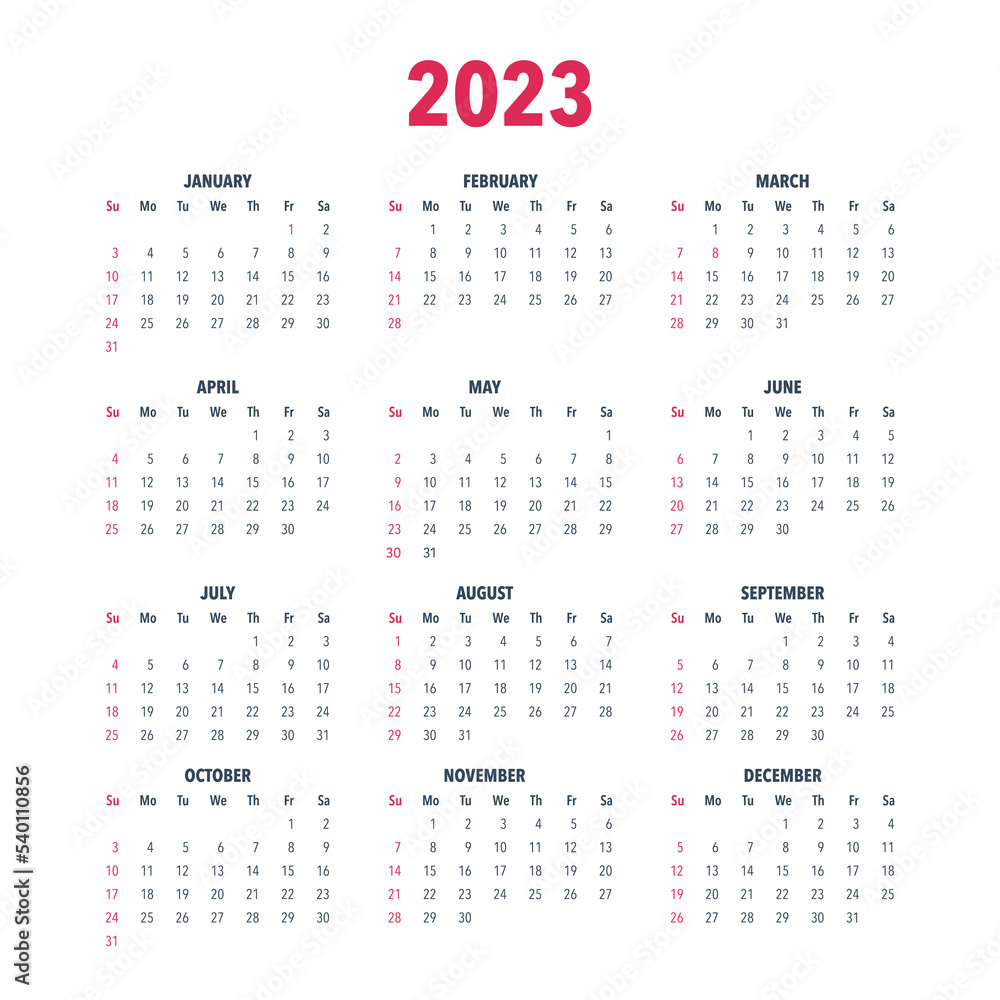 Calendar year 2023 vector illustration template in black and white colors. The week starts on Sunday. Sunday in red. Vector Calendar year 2023 vector illustration template in black and white colors. The week starts on Sunday. Sunday in red. Vector