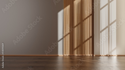Fototapeta Naklejka Na Ścianę i Meble -  Wall with shadows daylight and wooden details empty room