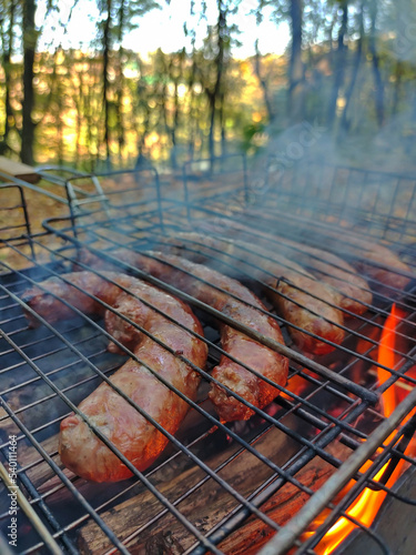 Grilled sausage outdoors in the park on a background of trees. The background is blurred. Food frying, grill, barbecue