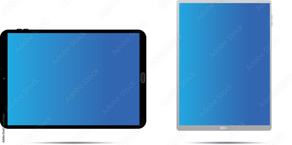 Black and white tablet computers mockups with blue screens. Responsive screens to display your mobile web site design. Vector illustration Black and white tablet computers mockups with blue screens. Responsive screens to display your mobile web site design. Vector illustration
