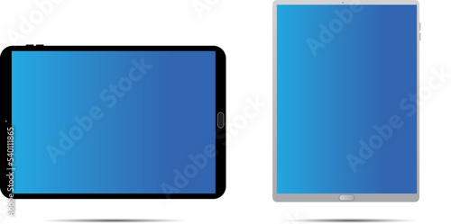 Black and white tablet computers mockups with blue screens. Responsive screens to display your mobile web site design. Vector illustration