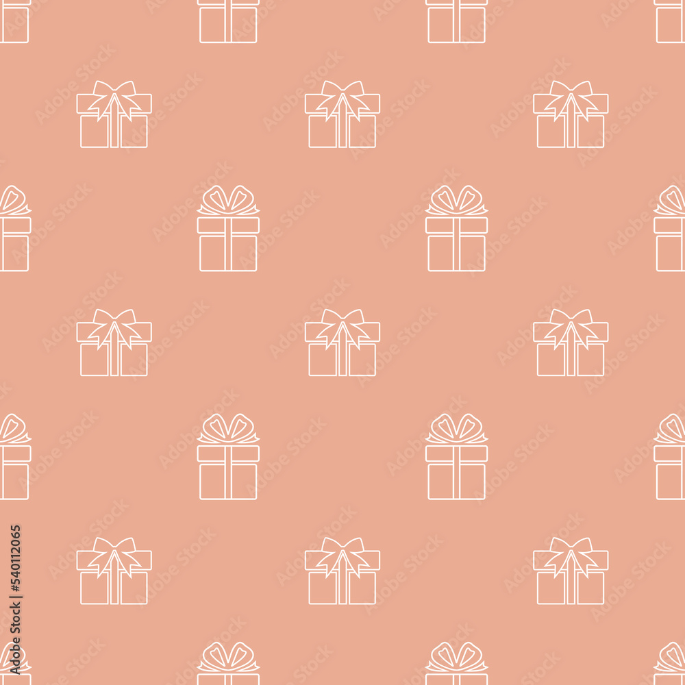 Holiday winter seamless pattern with many gift boxes on the orange background for Christmas and New Year. Endless repeating pattern as wallpaper, fabric print, surface texture, package or gift paper.