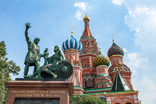Monument to the founders of Moscow, opposite St. Basil's Cathedral - Minin and Pozharsky. The inscription on the pedestal in Russian - Grateful Russia 1818 to Mr. Minin and Prince Pozharsky. photo