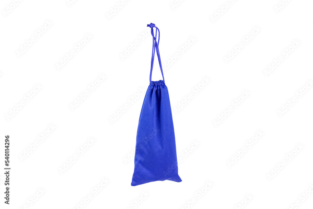 Blue bag on a drawstring on a white background. Small tote bag in fabric and cotton Blue bag on a drawstring on a white background. Small tote bag in fabric and cotton