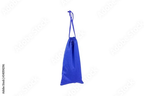 Blue bag on a drawstring on a white background. Small tote bag in fabric and cotton