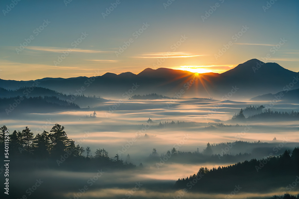Stylized mountain landscape, fog and sunrise