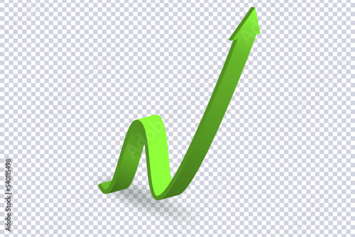 Growing Green Arrow up. Growth chart sign. Flexible arrow indication statistic. Colorful curve arrow of trend on transparent. Trading stock news impulses. Trade infographic. Realistic 3d vector design