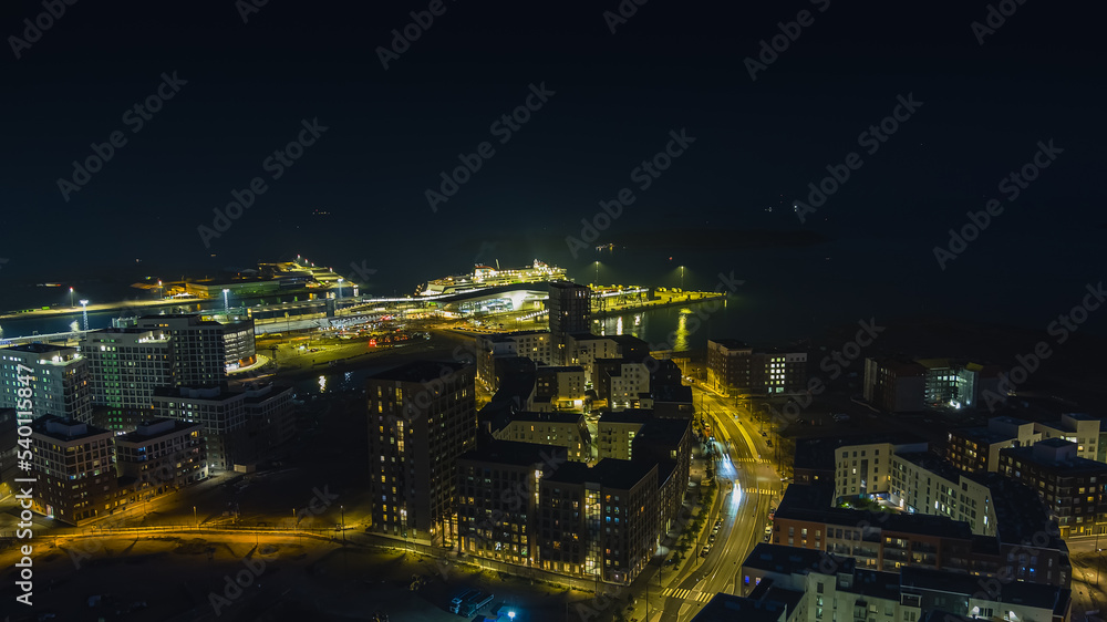 Aerial view of city downtown. Night cityscape concept