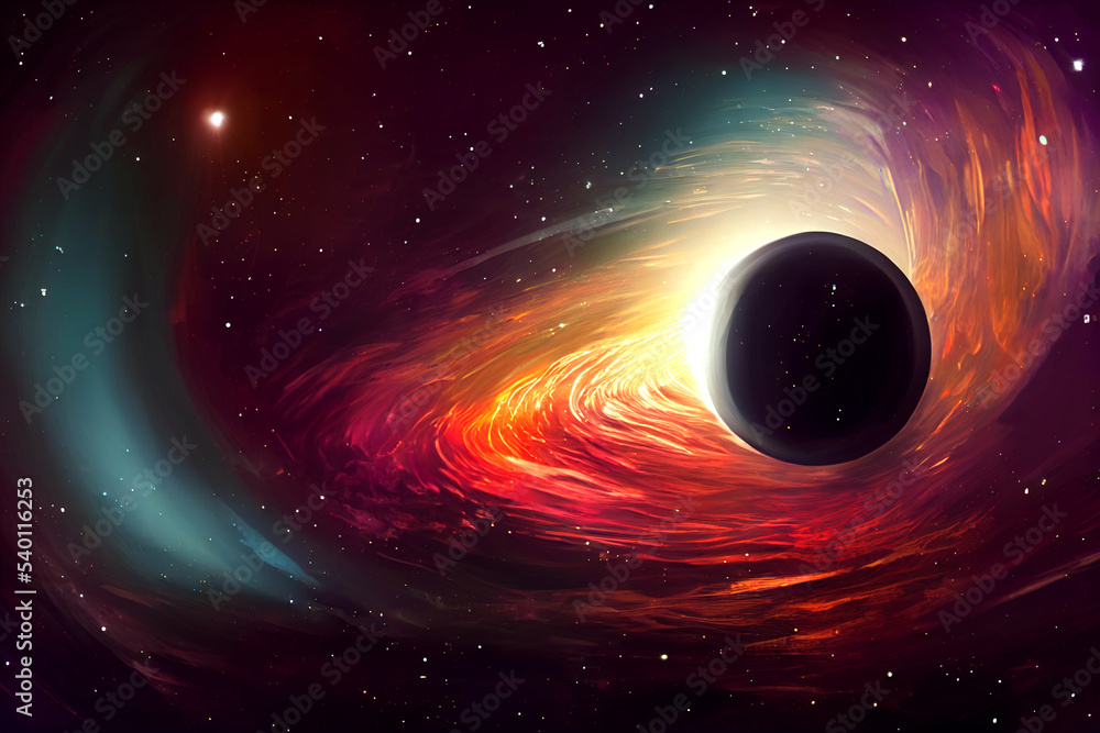 Black hole seen from a planet, illustration. Absorbs the light around. Milky way