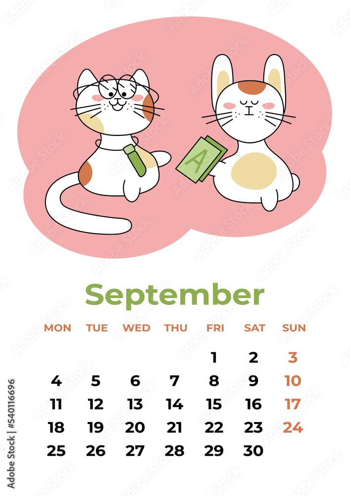 September 2023. Calendar sheet with year symbols learning letters. Cartoon vector illustration.