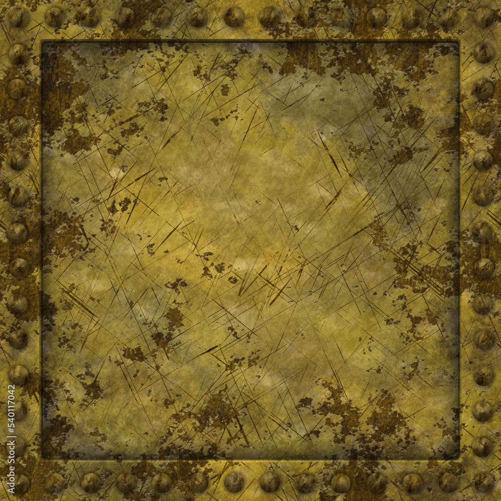 Rusty riveted square metal panel seamless texture, detailed grungy