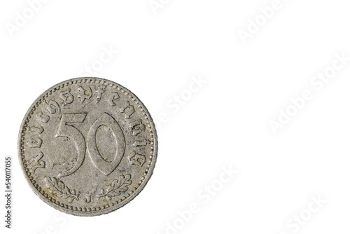 Close up view of old front side of coin of Nazi Germany 50 pfennig dated 1939. Numismatic concept.