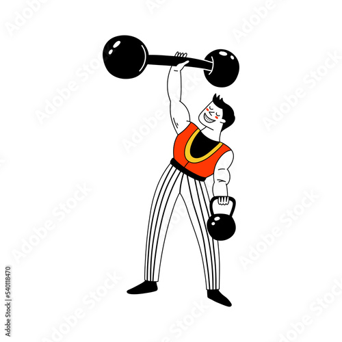 Grip strength circus strongman training. Cartoon vector illustration. Physical training. 