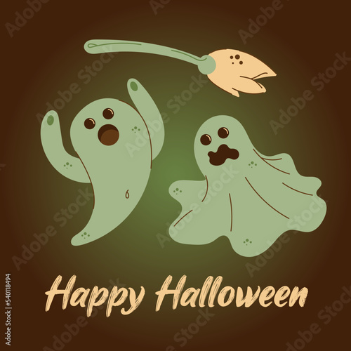Halloween card. Greeting card with ghosts and wishes for a happy Halloween. Cartoon vector doodle illustration photo