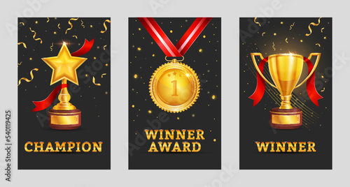 Champion trophy set gold - Championship winner trophy, gold medal award - Set of gold laurel wreath award