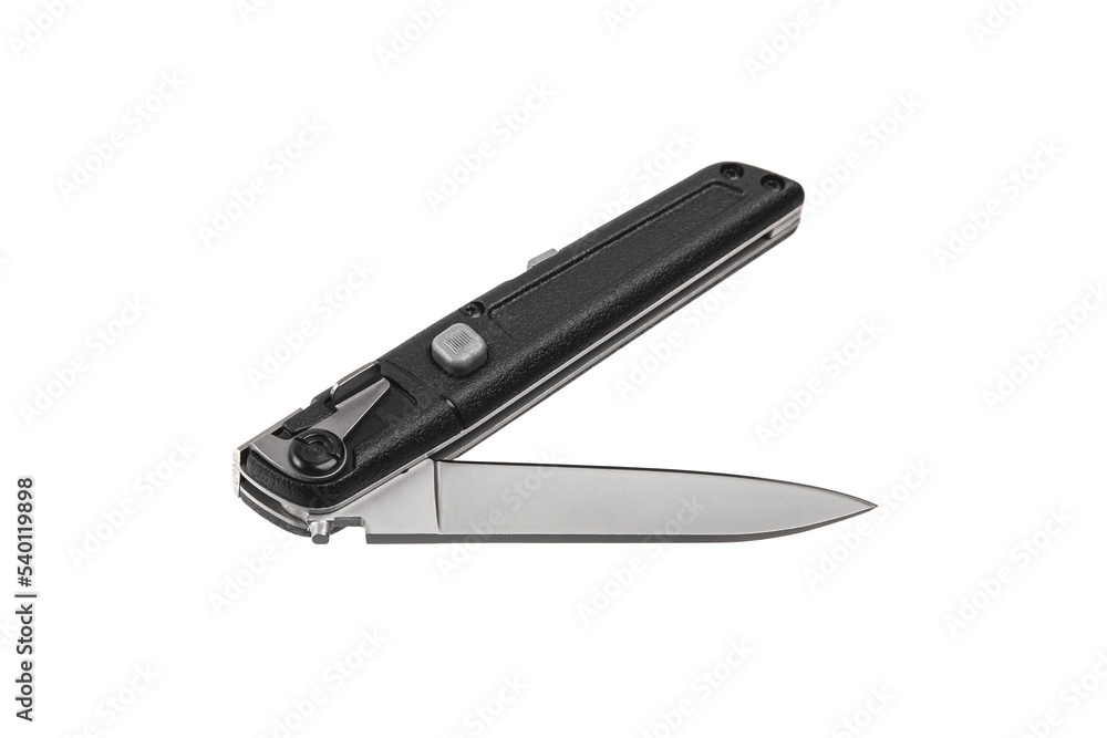Pocket folding knife isolate on white back. Compact metal sharp knife with a folding blade. Pocket folding knife isolate on white back. Compact metal sharp knife with a folding blade.