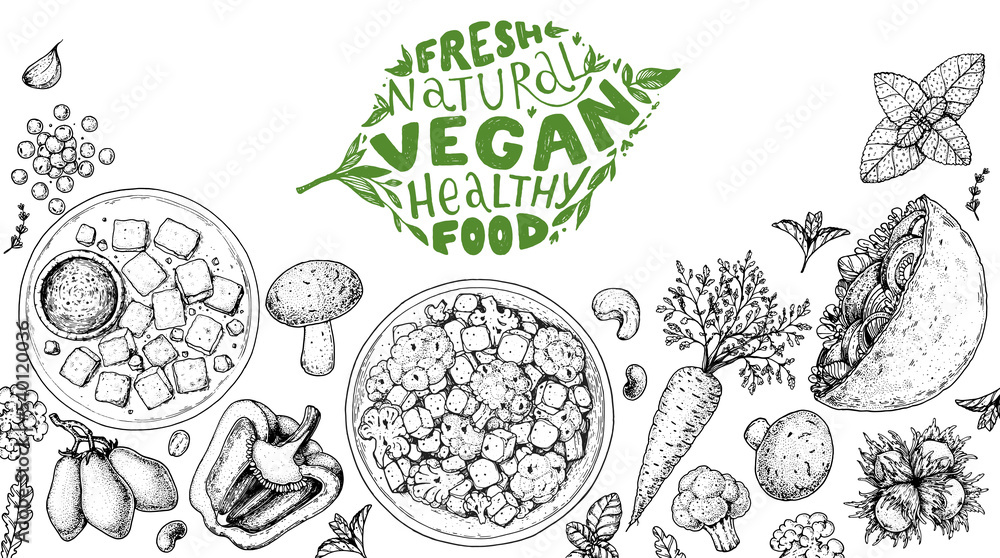 Vegan food frame. Hand drawn vector illustration. Menu design template. Vegan food sketch. Vintage design template. Product design. Great for packaging, recipe book, menu. Vegetarian food sketch. Vegan food frame. Hand drawn vector illustration. Menu design template. Vegan food sketch. Vintage design template. Product design. Great for packaging, recipe book, menu. Vegetarian food sketch.