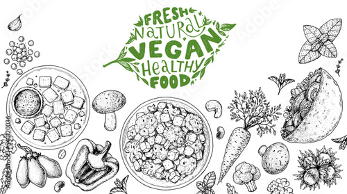 Vegan food frame. Hand drawn vector illustration. Menu design template. Vegan food sketch. Vintage design template. Product design. Great for packaging, recipe book, menu. Vegetarian food sketch.