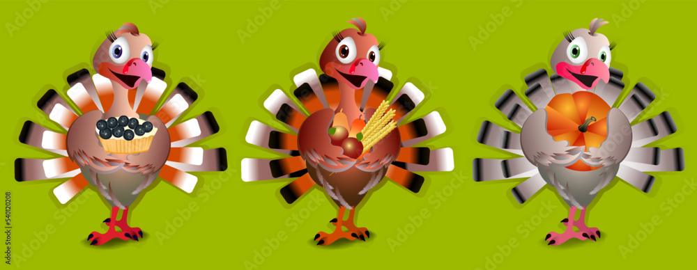 Naklejka premium Set of cute Thanksgiving turkeys