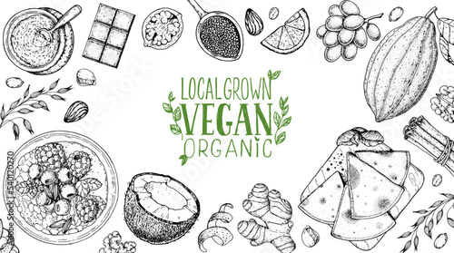 Vegan food frame. Hand drawn vector illustration. Menu design template. Vegan food sketch. Vintage design template. Product design. Great for packaging, recipe book, menu. Vegetarian food sketch.