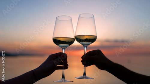 Hands making cheers with wine in glass against the sea