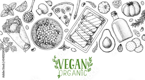 Vegan food frame. Hand drawn vector illustration. Menu design template. Vegan food sketch. Vintage design template. Product design. Great for packaging, recipe book, menu. Vegetarian food sketch.