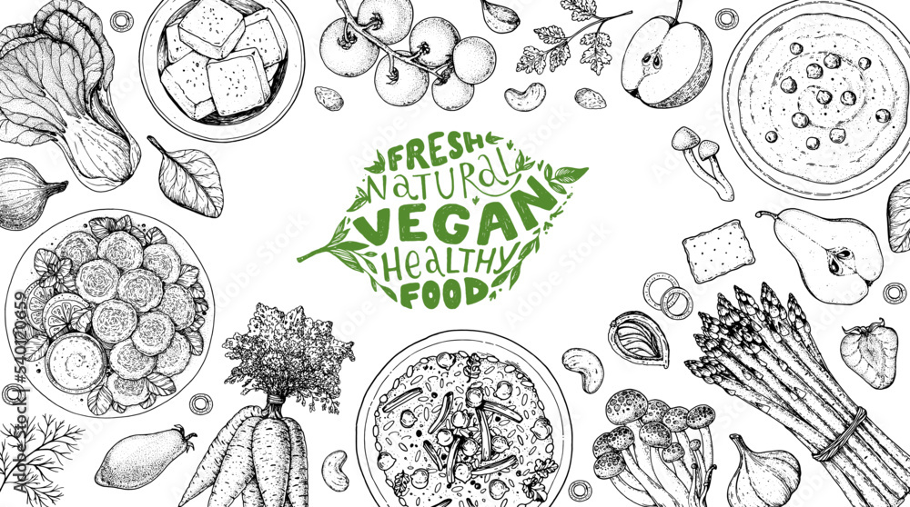 Vegan food frame. Hand drawn vector illustration. Menu design template. Vegan food sketch. Vintage design template. Product design. Great for packaging, recipe book, menu. Vegetarian food sketch. Vegan food frame. Hand drawn vector illustration. Menu design template. Vegan food sketch. Vintage design template. Product design. Great for packaging, recipe book, menu. Vegetarian food sketch.