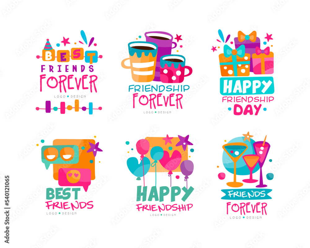 Friends Forever Logo Design with Balloons, Gift Box and Cocktails Vector Set