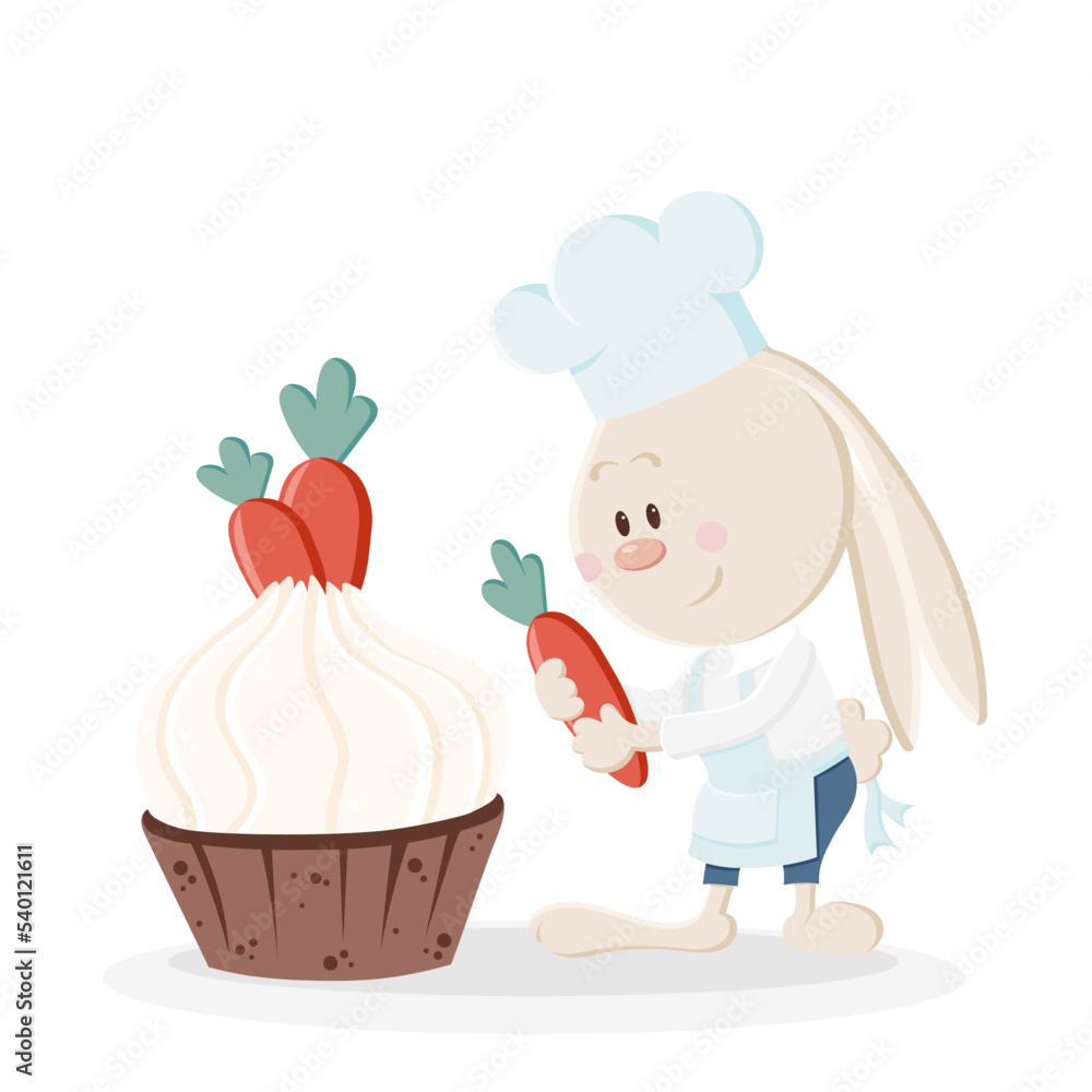 18 / 25 Cute bunny in apron bakes chocolate cupcake with cream and carrots. Cooking and bakery. Christmas, New Year and Easter coloured vector illustration. Collection of rabbits in cartoon style 18 / 25 Cute bunny in apron bakes chocolate cupcake with cream and carrots. Cooking and bakery. Christmas, New Year and Easter coloured vector illustration. Collection of rabbits in cartoon style