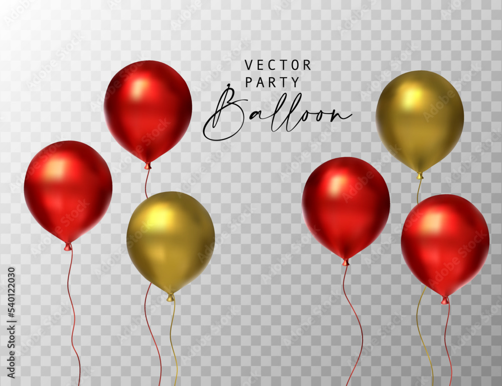 Balloon red gold party set isolated on transparent background. Vector realistic 3d celebration birthday glossy gift