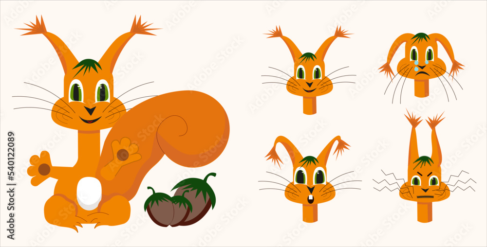 Obraz premium Set emotions squirrel. Happy, sad, crying, astonishment and agry expressions head. Vector illustration.
