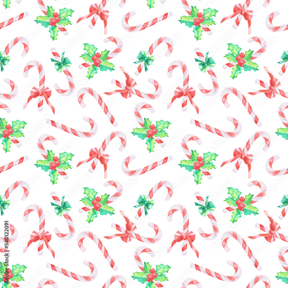 Watercolor hand drawn tasty candy cane with red and white stripes, bows and holly leaves and berries isolated on white background as seamless pattern. element for X-mas and New year cards