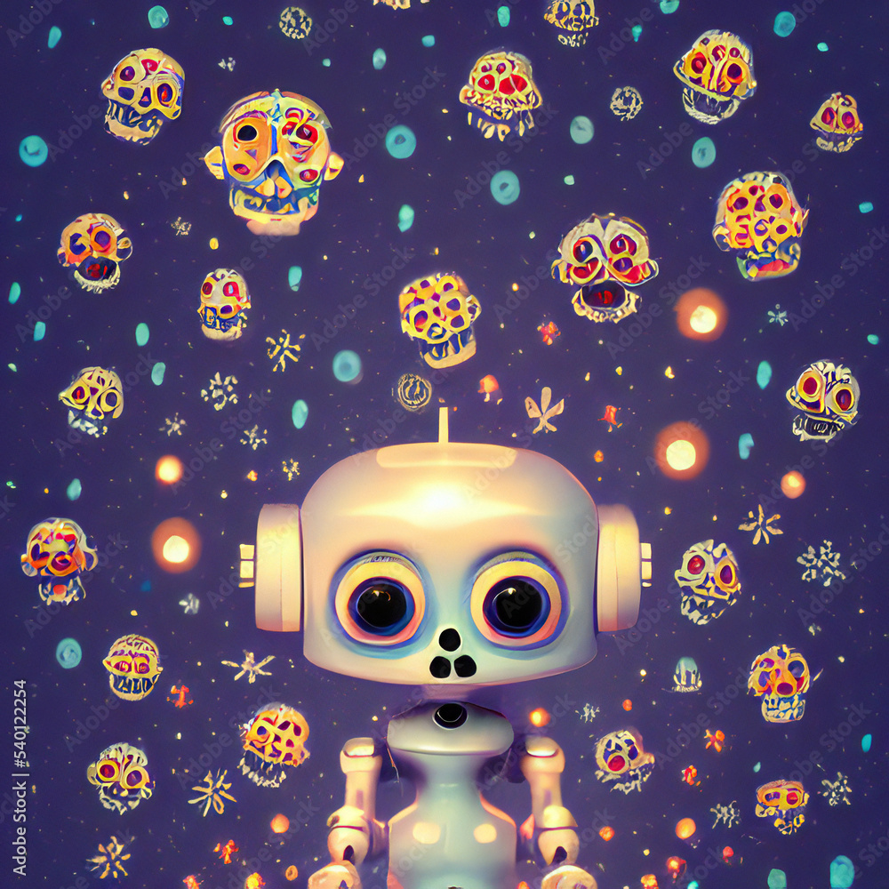 Portrait of a Cute Robot attending the Day of the Dead Festival, wearing flower decorations and Sugar Skull make-up in the style of Dia De Los Muertos