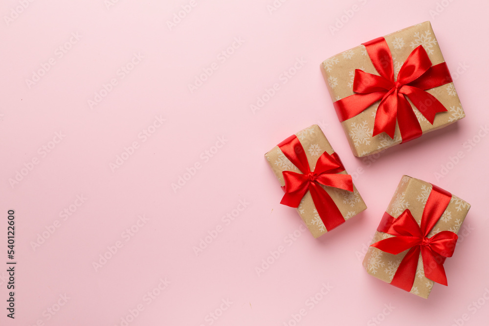 Gift boxes on color background, top view Gift boxes on color background, top view