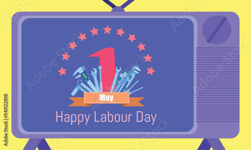 Vector illustration with tools for May 1 as Happy Labour Day shown on an old TV