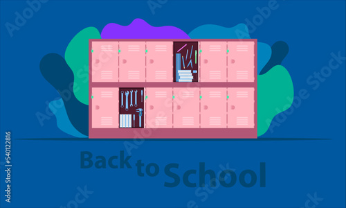 Back to School vector illustration with a pink locker against the blue background