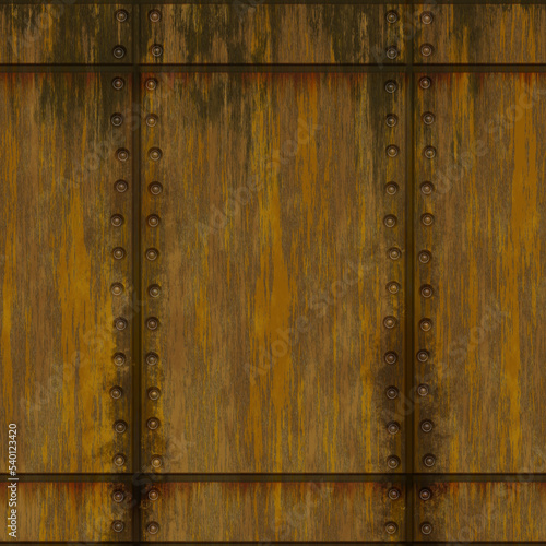 Rusty riveted metal plates wall covering seamless texture, rusty color