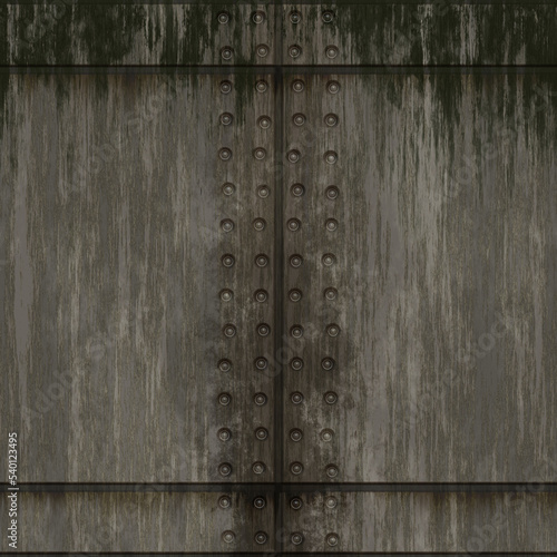 Rusty riveted metal plate wall covering seamless texture, grey color, green