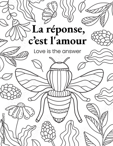 Elegant, beautiful drawing with French quotes. Hand drawn colouring page for kids and adults.  Lettering illustration, text card, poster or lettering print, postcard. Coloring book picture.